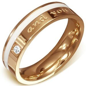 Oceľová obrúčka medenej farby - nápis I and you, biely pásik, zirkón - Veľkosť: 54 mm