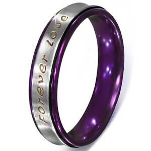 Prsteň striebornej farby z ocele - text Forever Love, fialové okraje - Veľkosť: 60 mm