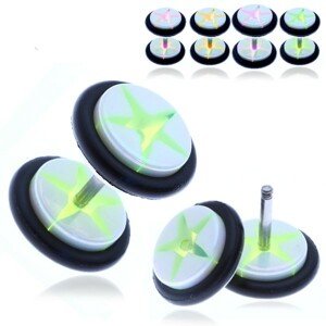 Akrylový fake plug - biele kolieska s farebnou hviezdou - Farba piercing: Zelená