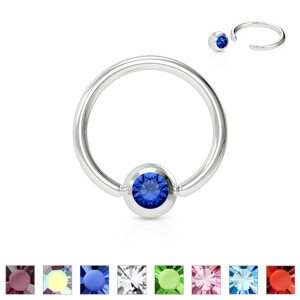 Piercing z chirurgickej ocele - krúžok s farebným kryštálikom v okrúhlej objímke - Rozmer: 1,2 mm x 10 mm, Farba zirkónu: Číra - C