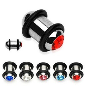 Plug do ucha z ocele s farebným zirkónom a dvoma gumičkami - Hrúbka: 4 mm, Farba zirkónu: Červená - R