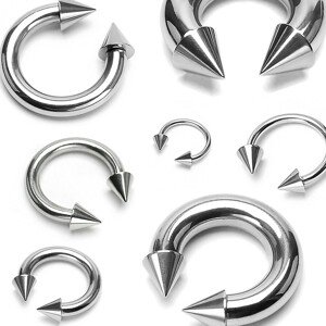 Piercing striebornej farby z chirurgickej ocele - podkova ukončená hrotmi, rôzne veľkosti - Rozmer: 1,6 mm x 10 mm x 4x4 mm