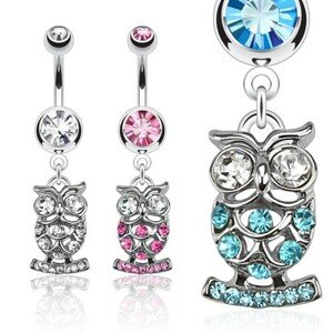 Piercing do pupka z chirurgickej ocele, zirkónová sova - rôzne farby - Farba zirkónu: Aqua modrá - Q