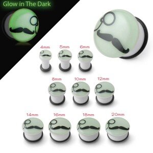 Biely plug do ucha žiariaci v tme, čierne fúziky a monokel - Hrúbka: 10 mm