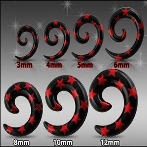 Čierny expander do ucha - špirála s červenými hviezdami - Hrúbka: 4 mm
