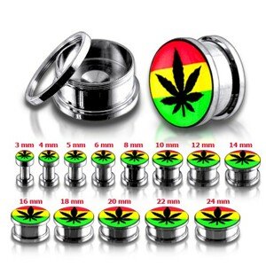 Oceľový tunel plug do ucha, marihuana a rasta farby - Hrúbka: 6 mm