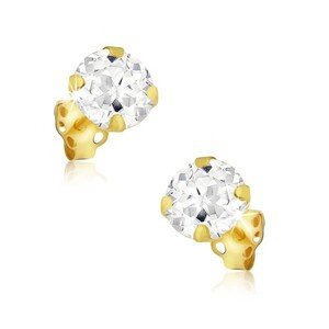 Náušnice zo žltého 14K zlata - ozdobne vybrúsený okrúhly zirkón, 5 mm