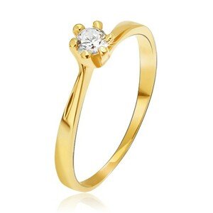 Prsteň zo žltého 14K zlata - zúžené ramená pri kotlíku, okrúhly kamienok - Veľkosť: 56 mm