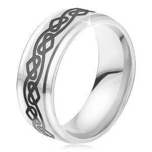 Oceľový prsteň - lesklá obrúčka striebornej farby, zvlnená línia, srdcia - Veľkosť: 59 mm