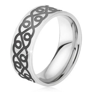 Oceľový prsteň - obrúčka striebornej farby, hrubý čierny ornament, srdcia - Veľkosť: 59 mm