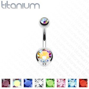 Titánový piercing do pupka s dvomi farebnými kamienkami, dĺžka 10 mm - Farba piercing: Modrá