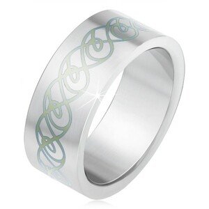 Oceľový prsteň, matný rovný povrch, ornament zo zatočených línií - Veľkosť: 58 mm