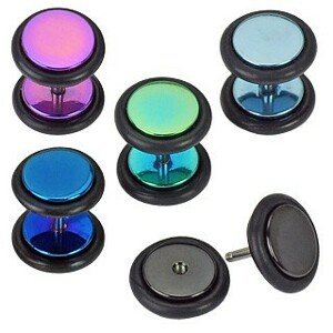 Oceľový fake plug do ucha, lesklé farebné kruhy s gumičkami, anodizované - Farba piercing: Modrá