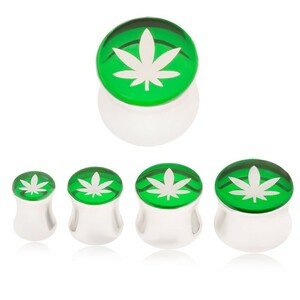 Plug do ucha z ocele 316L, list marihuany na zelenom podklade - Hrúbka: 10 mm