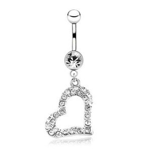 Piercing do pupku z ocele 316L, obrys srdca zdobený zirkónmi