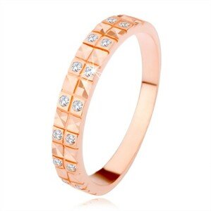 Strieborný 925 prsteň v medenom odtieni, diamantový rez, číre zirkóny - Veľkosť: 56 mm