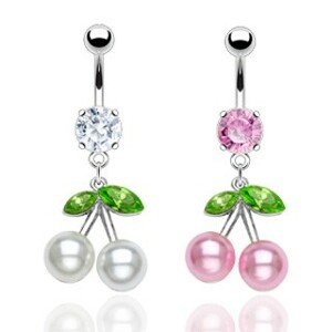 Oceľový piercing do pupku, farebné čerešne, perleťové guličky, zirkóny - Farba piercing: Číra