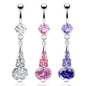 Oceľový piercing do pupku, trojuholník vykladaný zirkónmi, oválny kamienok - Farba piercing: Ružová