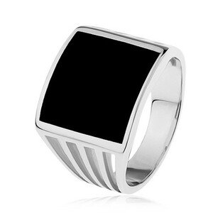 Strieborný prsteň 925, čierny glazúrovaný štvorec, výrezy na ramenách - Veľkosť: 56 mm