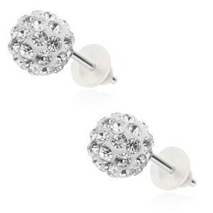 Oceľové náušnice - biele Shamballa guličky, zirkóny čírej farby, 8 mm