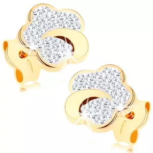 Puzetové náušnice v žltom zlate 375 - kvietok vykladaný krištáľmi Swarovski