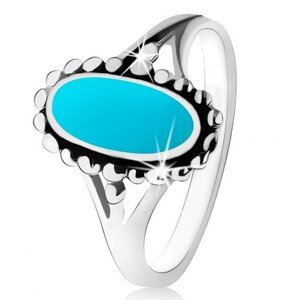 Strieborný prsteň 925, ovál v tyrkysovom odtieni, kontúra z guličiek, rozdelené ramená - Veľkosť: 59 mm