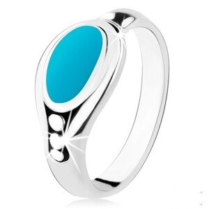 Strieborný prsteň 925, tyrkysovomodrý ovál, lesklý okraj, tri guľôčky - Veľkosť: 57 mm