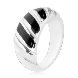 Prsteň, striebro 925, tri šikmé prúžky v čiernej farbe, zárezy - Veľkosť: 59 mm