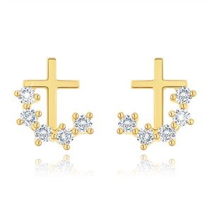 Zlaté 14K náušnice latinský kríž a zirkónový oblúk