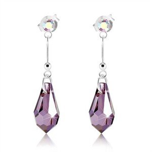 Strieborné náušnice 925, fialová brúsená kvapka, palička, dúhový Swarovski krištálik