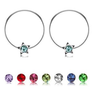 Strieborné okrúhle náušnice 925, hviezdička s farebným krištálikom Swarovski - Farba: Svetlomodrá