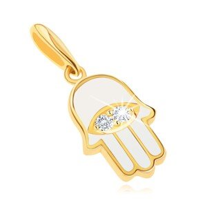 Prívesok zo žltého 14K zlata - symbol Hamsa pokrytý bielou glazúrou, oko