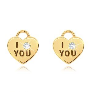 Náušnice zo žltého 14K zlata - srdiečková kladka, číry zirkón, nápis I love you