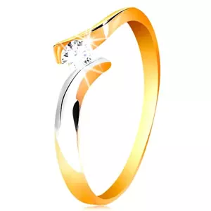 Zlatý prsteň 585 - okrúhly číry zirkón, dvojfarebné a zvlnené ramená - Veľkosť: 60 mm