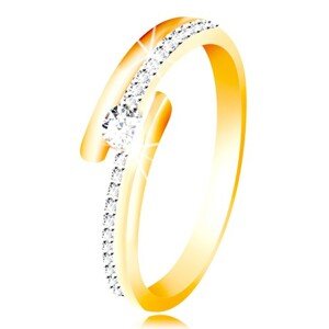 Zlatý prsteň 585 - rozdvojené ramená s kombináciou bieleho zlata, vystúpený okrúhly zirkón čírej farby - Veľkosť: 49 mm