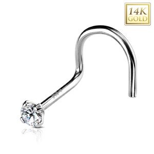 Zahnutý piercing do nosa v bielom 14K zlate, okrúhly číry zirkón, 2 mm