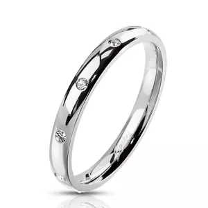 Oceľový prsteň striebornej farby - okrúhle číre zirkóniky, 3 mm - Veľkosť: 52 mm