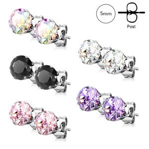 Set náušníc z chirurgickej ocele - päť párov v striebornej farbe, okrúhly zirkón, 5 mm