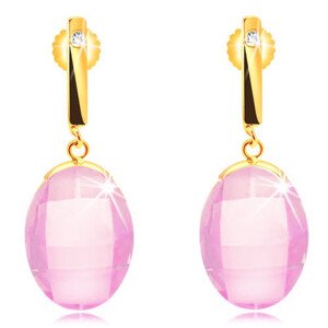 Náušnice zo žltého 585 zlata - úzky pásik so zirkónom, brúsený ružový Swarovski krištáľ