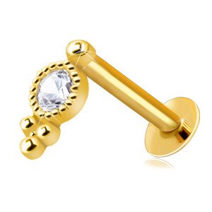 Piercing do pery a brady z 375 žltého zlata - okrúhly číry zirkón s ozdobným orámovaním