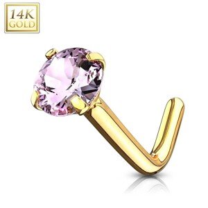 Zahnutý piercing do nosa zo žltého 14K zlata - okrúhly zirkón, ružová farba, kotlík, 0,8 mm