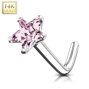Piercing do nosa z bieleho 14K zlata - zahnutý tvar, ružová zirkónová hviezda, 0,8 mm
