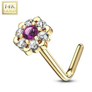 Piercing do nosa zo žltého 14K zlata - zahnutý, červeno-ružový zirkón, zirkónová línia, 0,8 mm