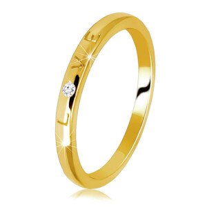 Obrúčka v žltom 585 zlate - prsteň s vygravírovaným nápisom "LOVE", okrúhly zirkón - Veľkosť: 56 mm