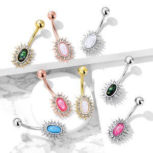 Oceľový piercing do pupka - oválne slniečko s farebným syntetickým opálom a kryštálmi - Farba piercing: Strieborná - ružová