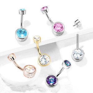 Oceľový piercing do bruška s vnútorným závitom - okrúhly zirkón v ozdobnej objímke - Farba piercing: Strieborná - vitrail medium
