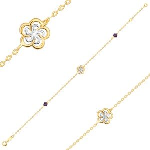 Náramok z kombinovaného zlata 585 - dvojfarebný kvietok, krištále Swarovski ametystovej farby