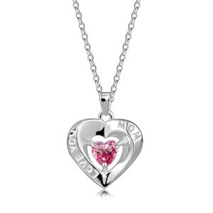 Strieborný 925 náhrdelník - obrys srdca, ružový srdiečkový zirkón, nápis "LOVE YOU MOM"