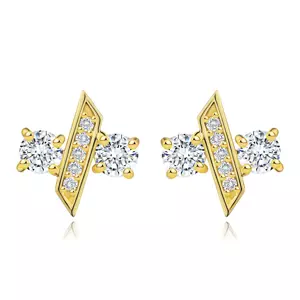 Zlaté 14K náušnice zo žltého zlata - okrúhle zirkóny, šikmá palička