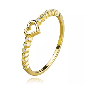 Zlatý prsteň zo 14K žltého zlata - obrys srdca, kvietky z čírych zirkónov - Veľkosť: 58 mm